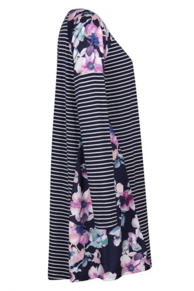 Trendy Floral Striped Pattern Basic Round Neck Long Sleeve Mini Shift Dress