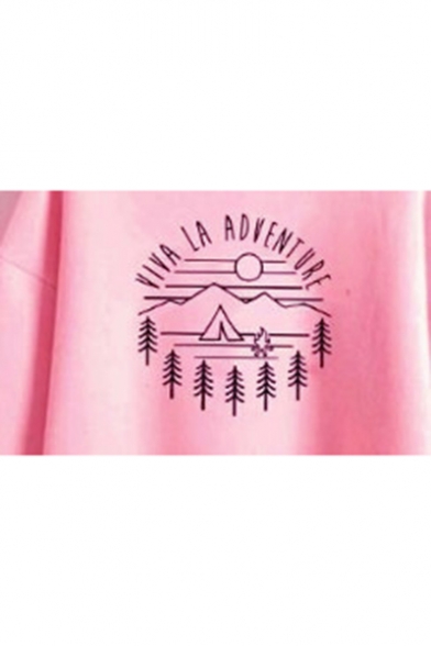 Trendy Letter Adventure Mountain Graphic Printed Round Neck Long Sleeve Pullover Sweatshirt