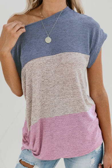 Trendy One Shoulder Color Block Short Sleeve Twist Hem Casual Loose T-Shirt