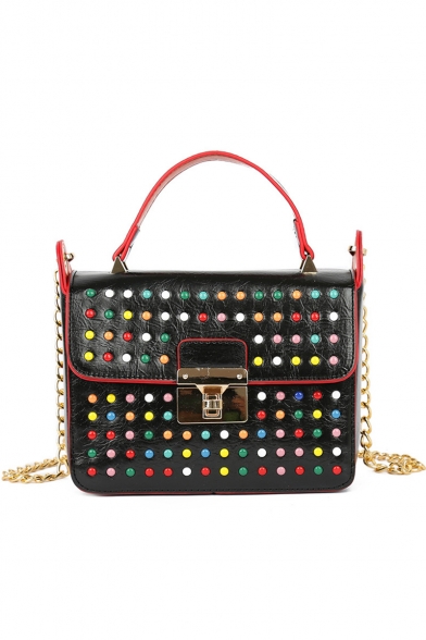 Trendy Plain Colorful Rivet Embellishment Crossbody Satchel Bag with Chain Strap 20*16*9 CM