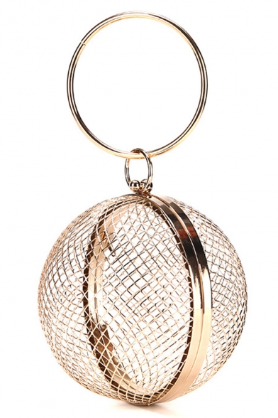 Trendy Plain Transparent Hollowed Mesh ball Shape Gold Party Clutch Bag 14*14*14 CM