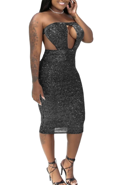 Women New Fashionable Glitter Sexy Cutout Front Strapless Midi Stratch Fit Bandeau Nightclub Dress