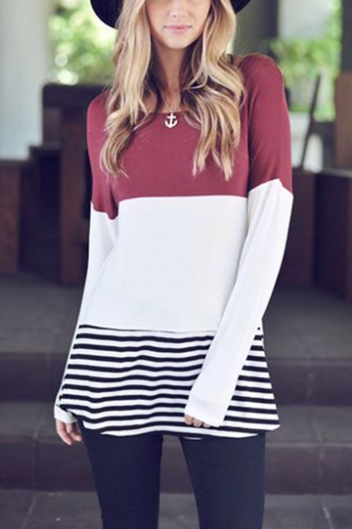 Women's Color Block Stripe Lace Patched Round Neck Long Sleeve Tee