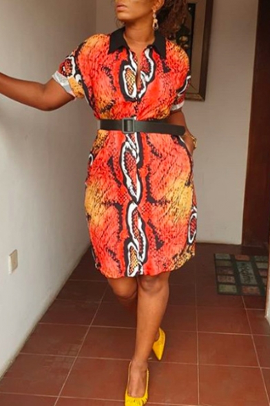 Women's Hot Fashion Africa Snake Print Collared Short Sleeve Belted Detail Midi Shirt Dress