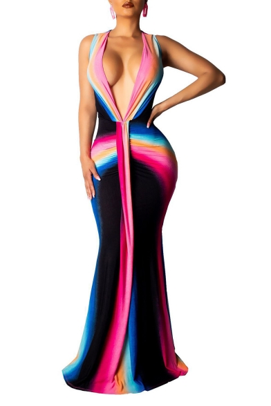Women's Hot Fashion Plunge Neck Sleeveless Colorblock Printed Bodycon Maxi Dress