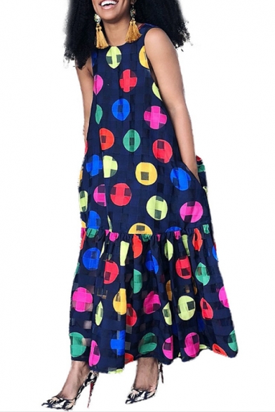 Women's Hot Fashion Round Neck Sleeveless Circle Printed Maxi Swing Navy Dress With Pockets