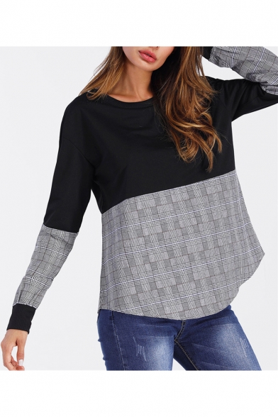 Women's New Round Neck Plaid Patched Round Neck Long Sleeve Pullover Sweatshirt