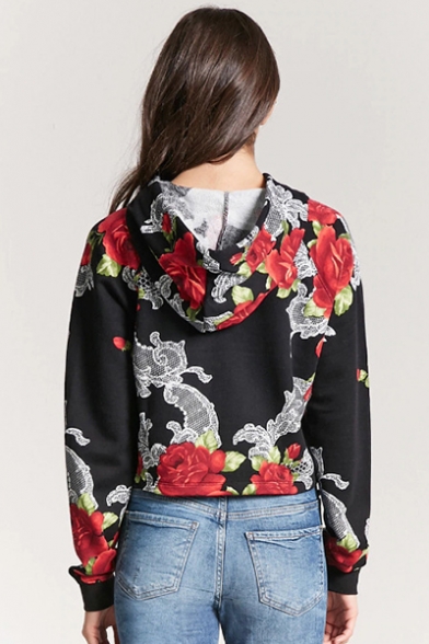 Women's New Stylish Floral Print Drawstring Hood Long Sleeve Cropped Hoodie