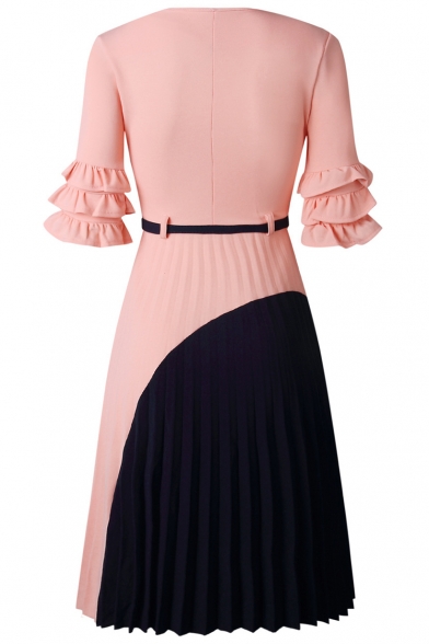 Women's New Trendy Colorblock Round Neck Bell Sleeve Belt Waist Pleated Dress