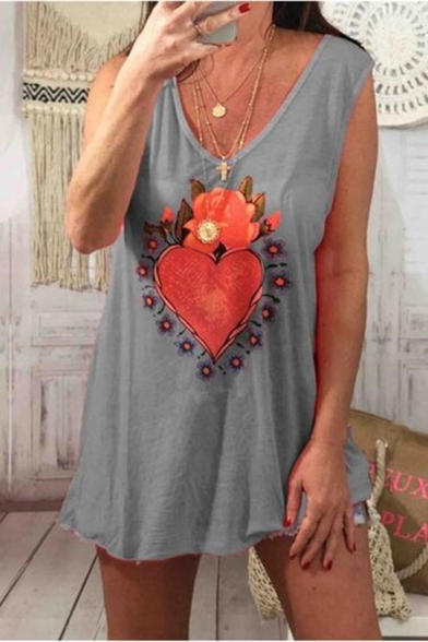 Women's New Trendy Floral Heart Printed V-Neck Sleeveless Loose Tank