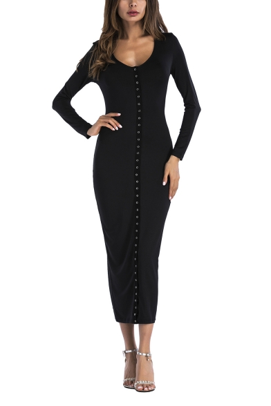 Women's Night Club Simple Plain Scoop Neck Long Sleeve Maxi Fitted Bodycon Dress
