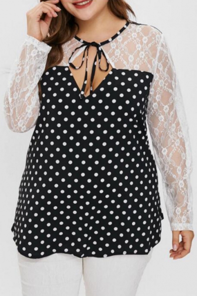 Women's Plus Size Black and White Polka Dot Printed Lace Patched Bow Tie Cut Out Round Neck Long Sleeve Tee