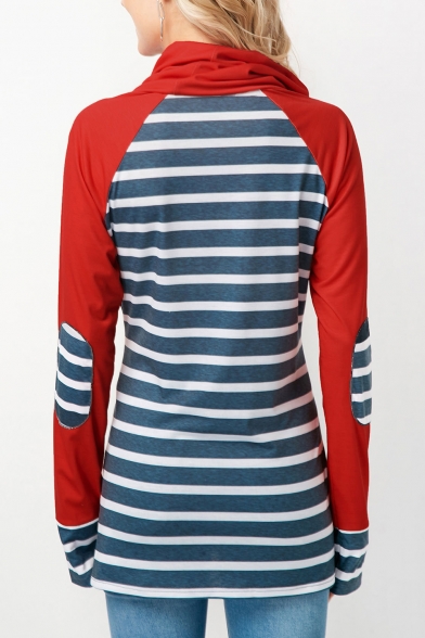 Women's Red and Blue Color Block Stripe Patch High Neck Long Sleeve Button Detail T-shirt