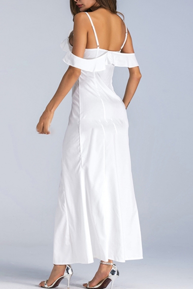 Women's Sexy Spaghetti Straps Short Sleeve Backless Split Hem Maxi Cami White Dress