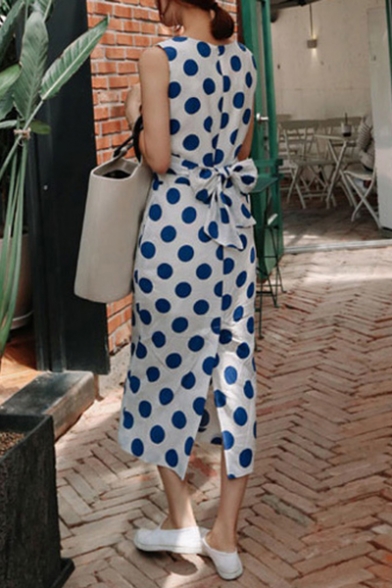 Women's Summer Classic Sexy Round Neck Sleeveless Polka Dots Printed Midi Tank Blue Dress