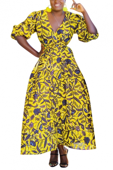 Women's Unique Plunge Neck Half Sleeve Floral Printed Bow-Tied Waist Maxi Wrap Dress