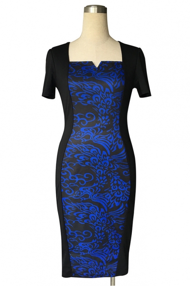 Womens Chic Blue Floral Printed V-Neck Short Sleeve Midi Pencil Dress for Office Lady