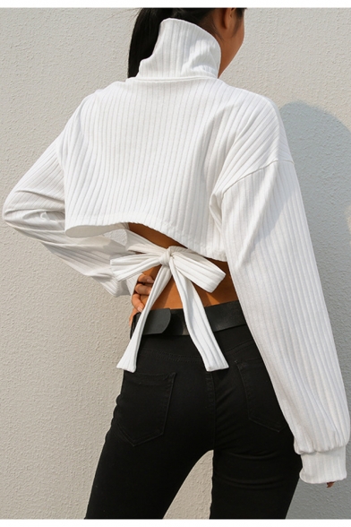 Womens Cool Hollow Out Tied Back High Neck Long Sleeve Plain White Cropped Sweatshirt