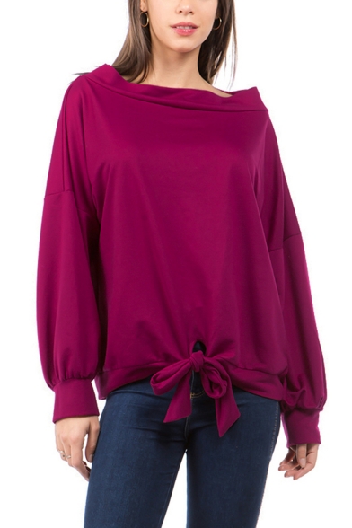 Womens Rose Red Simple Solid Color Long Sleeve Tied Hem Pullover Casual Sweatshirt