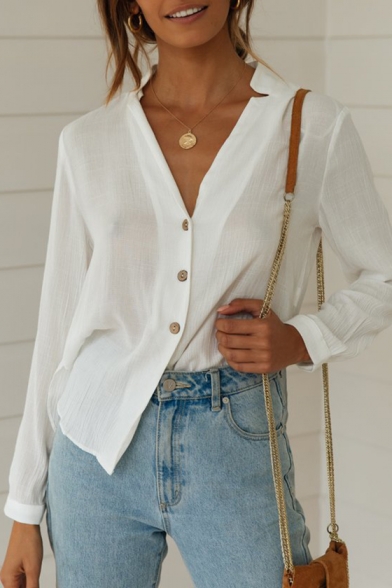 Womens Summer Chic Simple Plain V-Neck Long Sleeve Button Down White Shirt Blouse