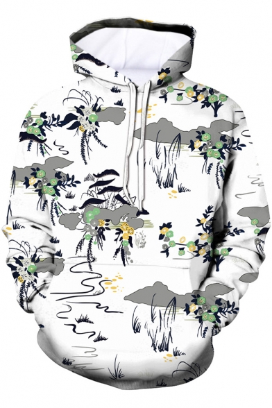 3D Landscape Painting Printed White Long Sleeve Hoodie with Pocket