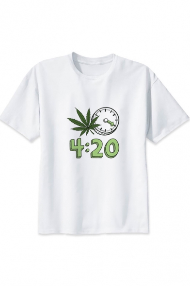 4:20 Number Letter Clock Leaf Printed White Round Neck Short Sleeve Tee