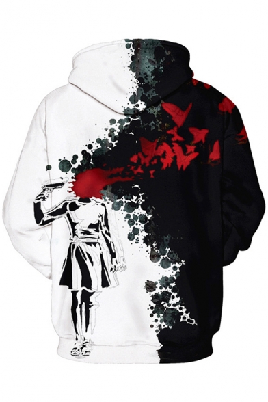 Baseball Style Cool Cartoon Figure Print Black and White Colorblock Long Sleeve Unisex Hoodie with Pocket