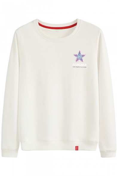 Basic Simple Letter Star Printed Round Neck Long Sleeve Pullover Sweatshirt