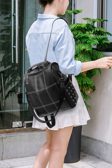Big Capacity Retro Plaid Pattern Rivet Embellishment Black PU Leather Leisure Backpack for Women 31*30*14 CM