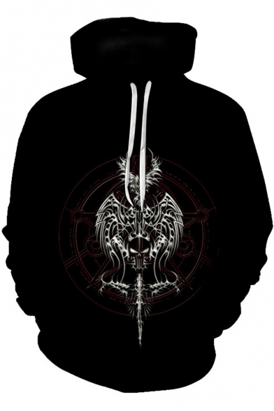 Black 3D Magic Circle Sword Printed Drawstring Long Sleeve Hoodie with Pocket
