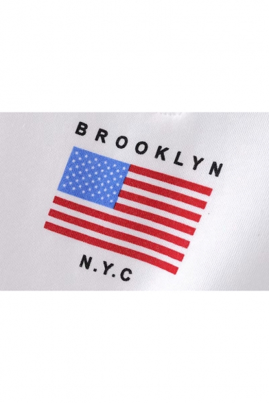 BROOKLYN NYC Letter Star Stripe Flag Printed Zipper Stand Collar Long Sleeve White Sweatshirt