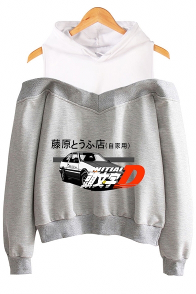 Car Letter Fujiwara Tofu Shop Graphic Print Cold Shoulder Casual Loose Pullover Hoodie