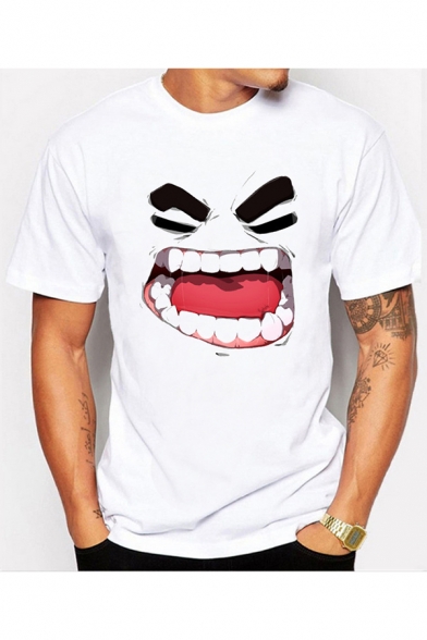 Cartoon Angry Expression Printed White Round Neck Short Sleeves Tee