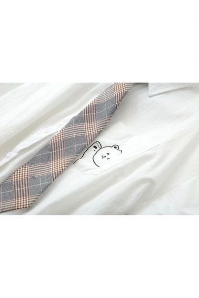 Cartoon Bear Embroidery Pocket Short Sleeve White Casual Loose Shirt