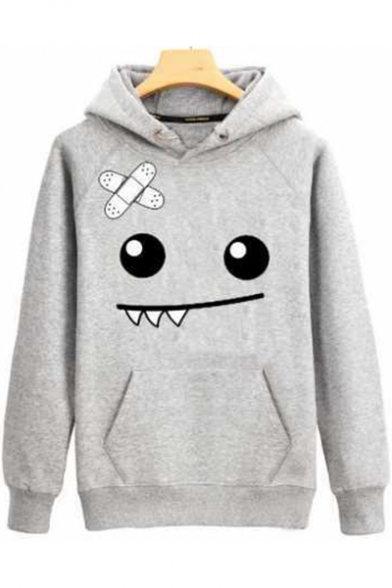Cartoon Smile Face Printed Basic Long Sleeve Casual Sport Pullover Hoodie