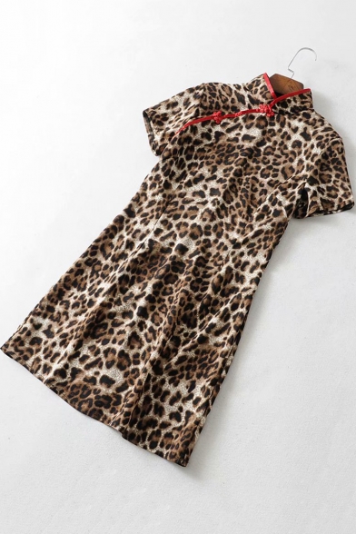 Chic Retro Chinese Style Frog Button Stand Collar Short Sleeve Khaki Leopard Print Mini Sheath Dress