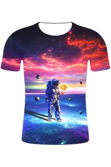 Cool Space Galaxy Astronaut Printed Round Neck Short Sleeve Regular Fit T-Shirt