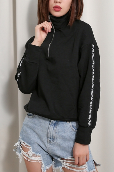 Cool Women's Zip Up Front High Collar Letter Print Long Sleeve Black Sweatshirt