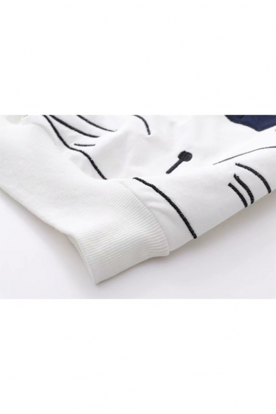 Cute Cartoon Cat Fish Embroidery Long Sleeve Loose Casual Pullover Sweatshirt for Students