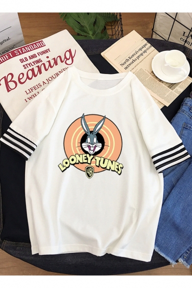 Cute Cartoon Rabbit Print Striped Half Sleeve Relaxed Fit Cotton T-Shirt