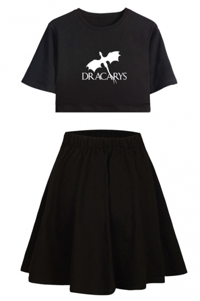 DRACARYS Dragon Pattern Round Neck Short Sleeve Crop Tee with A-Line Skirt Two-Piece Set
