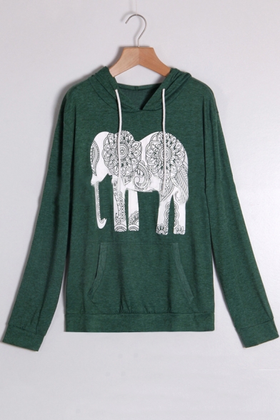 Ethnic Style Elephant Print Long Sleeve Loose Fit Casual Hoodie