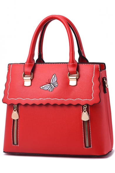 Fashion Butterfly Embroidery Pattern Double Zipper Embellishment Satchel Bag 27*11*22 CM