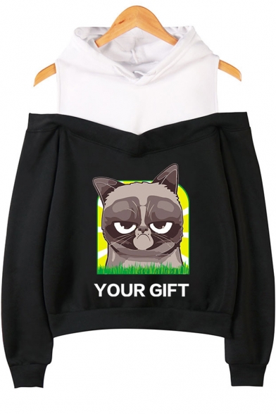 

Fashion Cute Grumpy Cat YOUR GIFT Print Cold Shoulder Long Sleeve Pullover Hoodie, LM529794, Black;pink;gray;navy