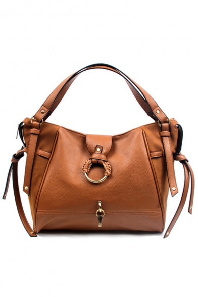 Fashion Retro Solid Color PU Leather Drawstring Belt Buckle Design Brown Satchel Messenger Bag 34*18*31 CM