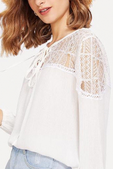 Fashion White Tied Round Neck Hollow Out Lace Patched Long Sleeve Blouse Top