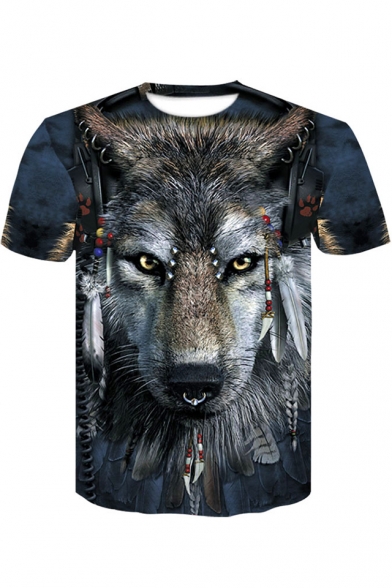 Funny Cool Tribal Wolf 3D Pattern Round Neck Short Sleeve Blue T-Shirt