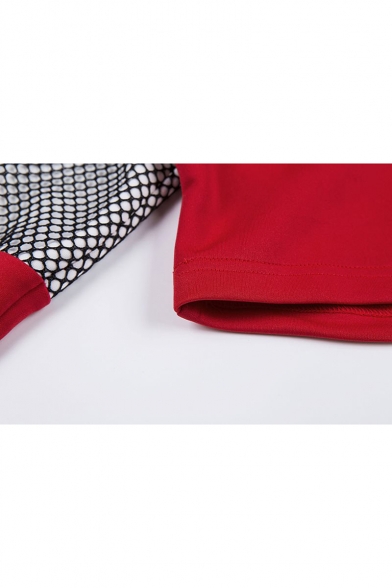 Girls Simple Plain Sheer Mesh Panel Zipper Stand Collar Long Sleeve Cropped Red Sweatshirt