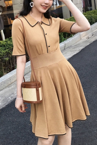 Girls Summer Vintage Short Sleeve Lapel Collar Button Front A-Line Pleated Polo Dress