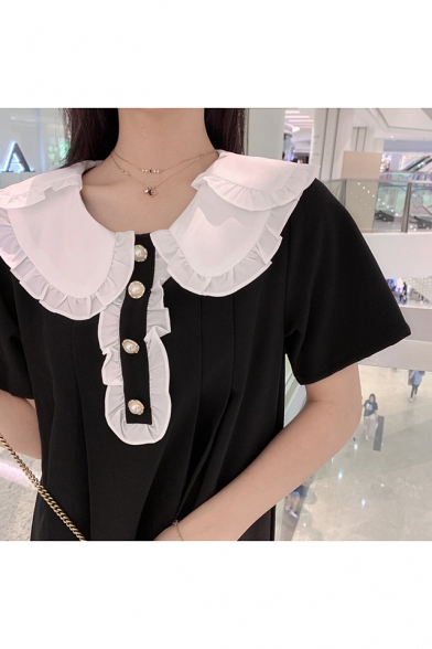 Girls Sweet Ruffled Peter-Pan Collar Pearl-Button Embellished Short Sleeve Black Mini A-Line Dress